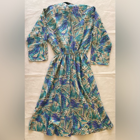 Caliche Vintage 80s Printed Design 3/4 Sleeve Pockets Collared Shirt Dress 12 - Picture 2 of 9